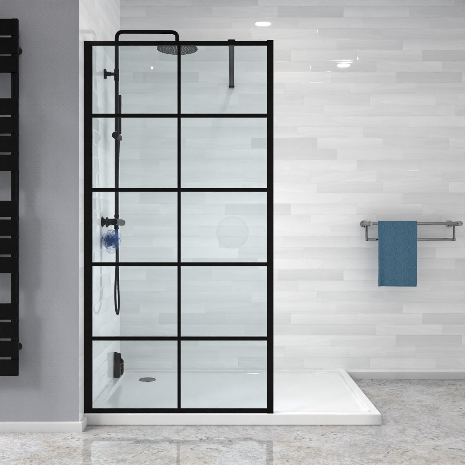 Stanley 900mm Black Grid Framed Walk-In Shower Enclosure with Support Bar