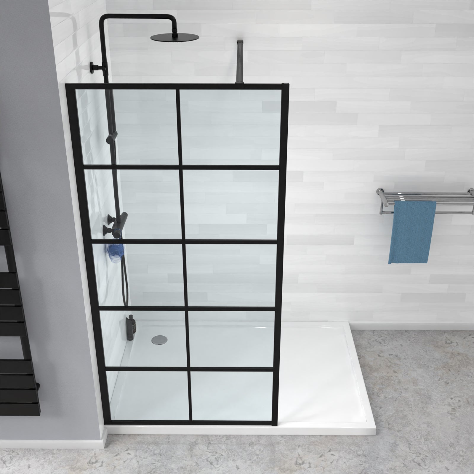 Stanley 900mm Black Grid Framed Walk-In Shower Enclosure with Support Bar