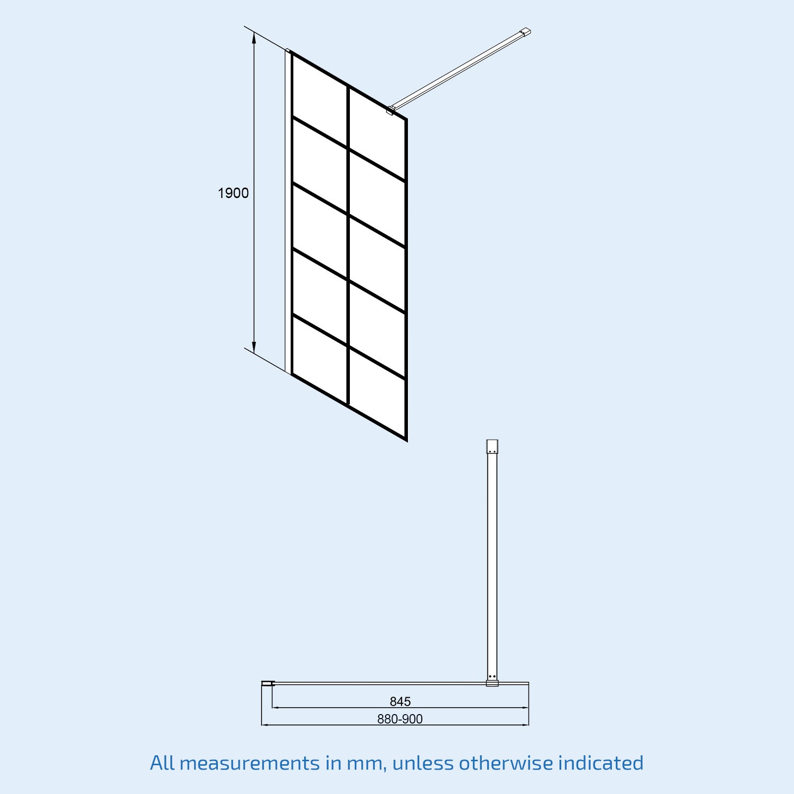 Magna Black Grid 900mm Shower Screen 8mm Tempered Glass & 300mm Return Panel