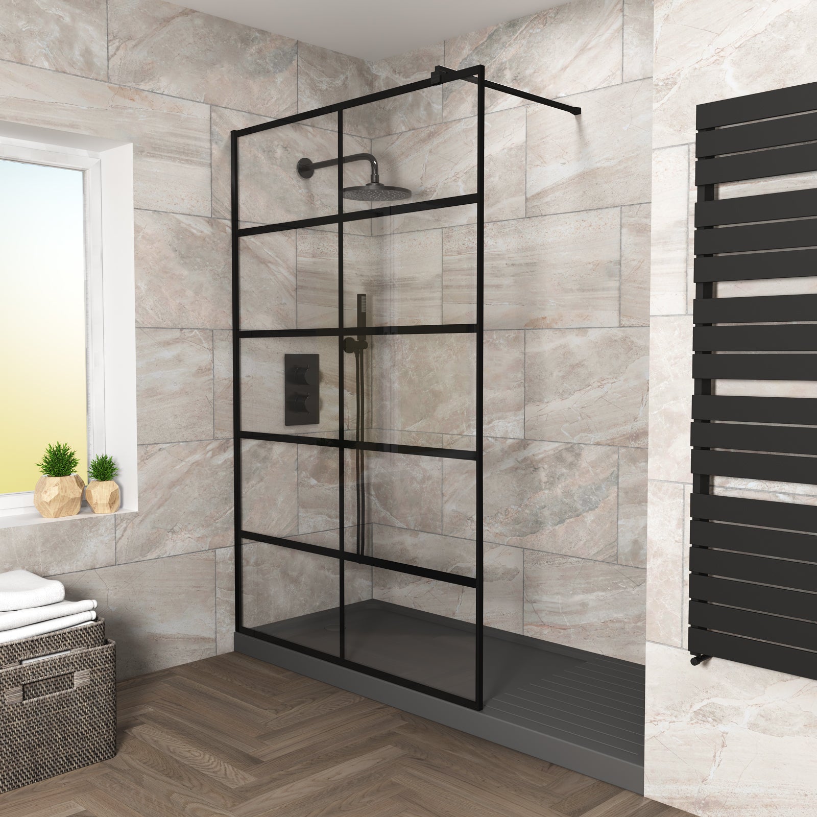 Stanley 800mm Black Grid Framed Walk-In Shower Enclosure with Support Bar