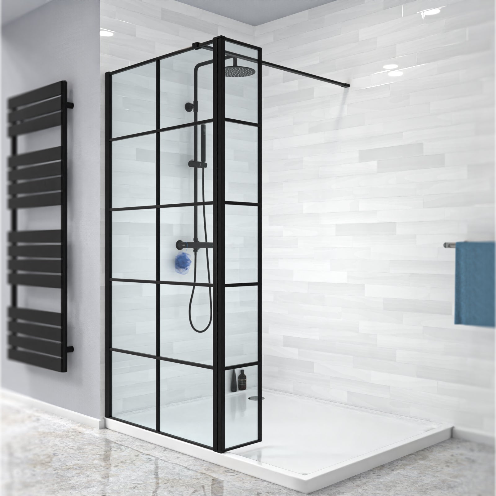 Magna Black Grid 900mm Shower Screen 8mm Tempered Glass & 300mm Return Panel