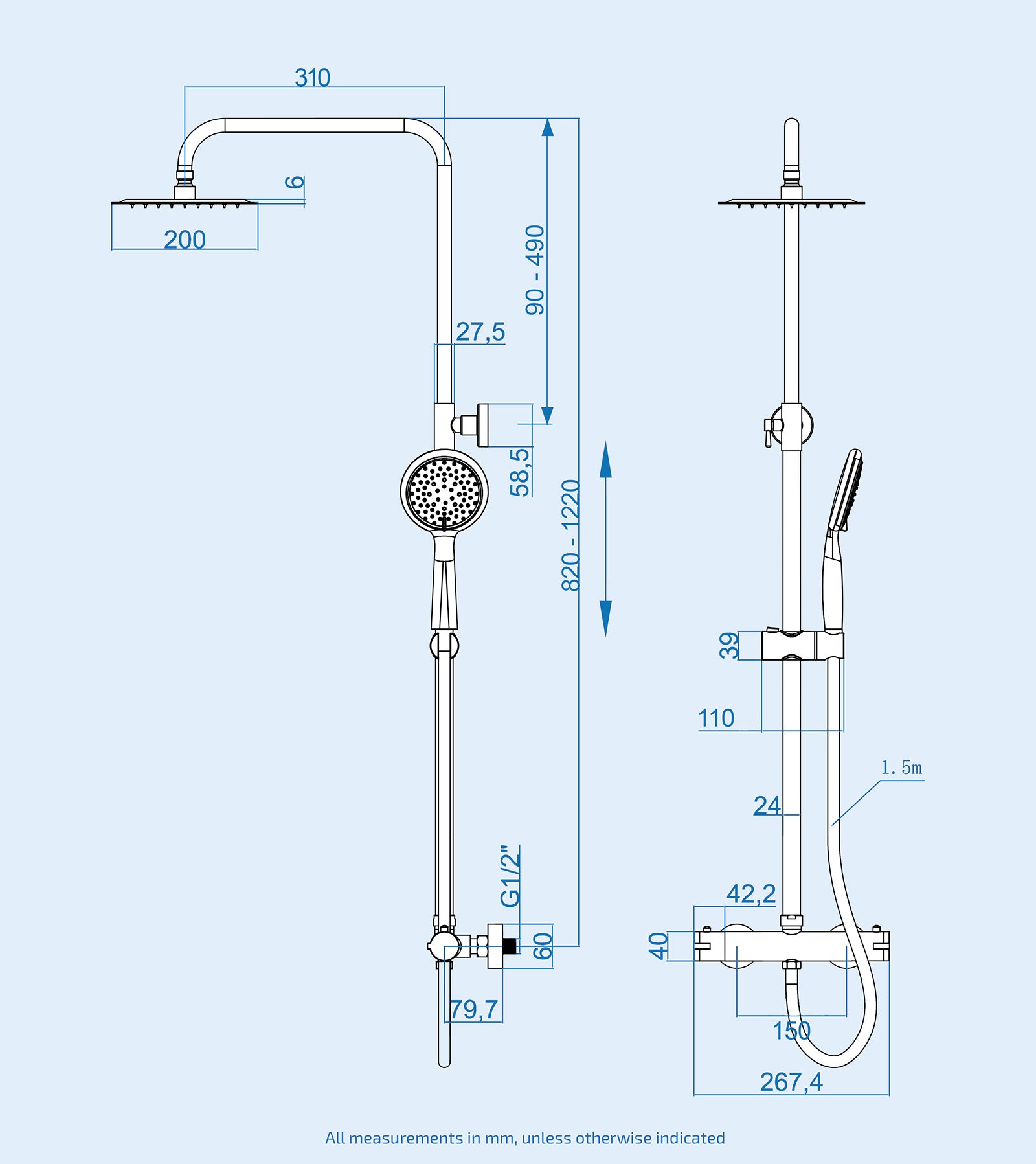 Regent Round Led Thermostatic Bar Valve & Riser Rail Kit with LED Lights