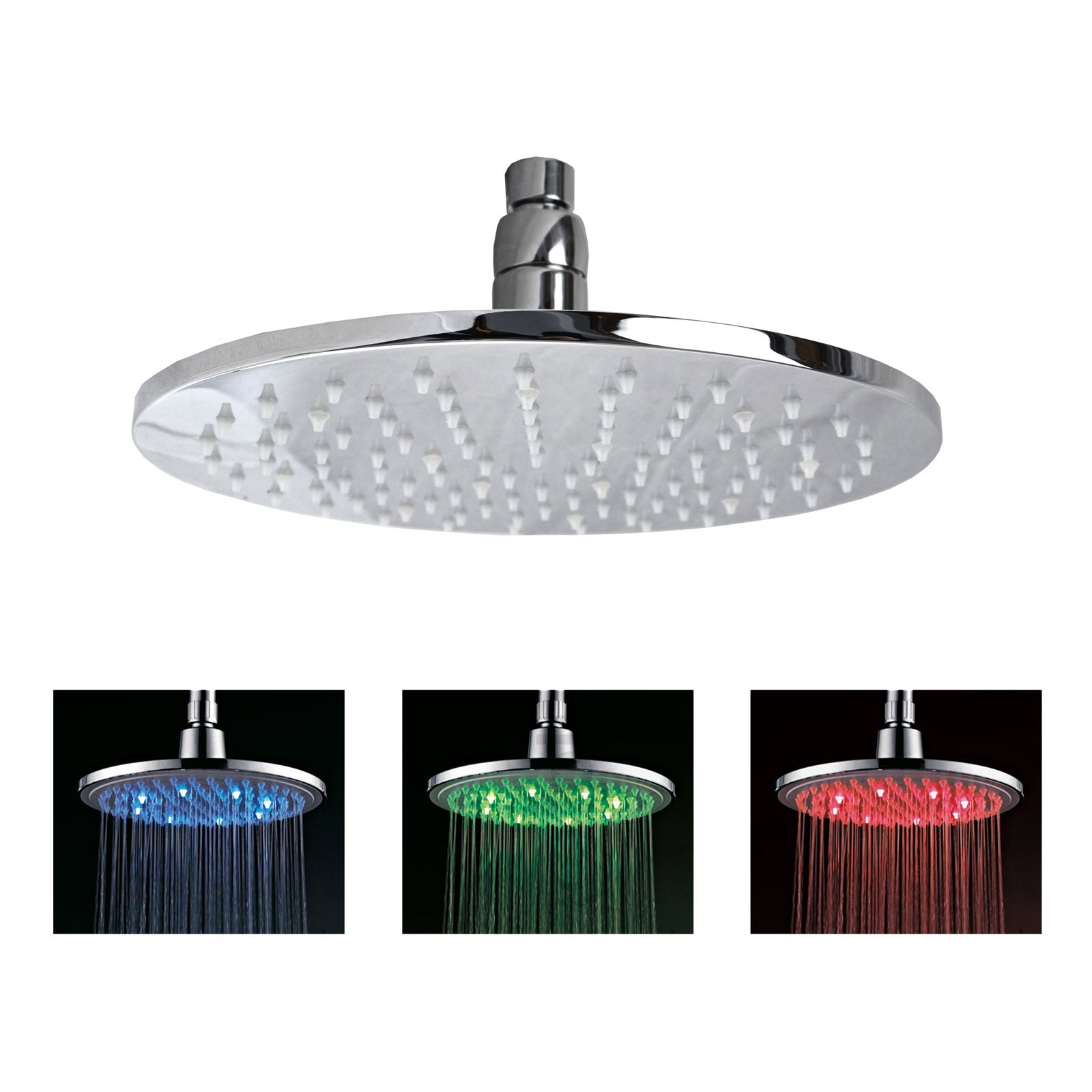 8" Round Bathroom Chrome 3 Colour Led Rainfall Stainless Steel Shower Head