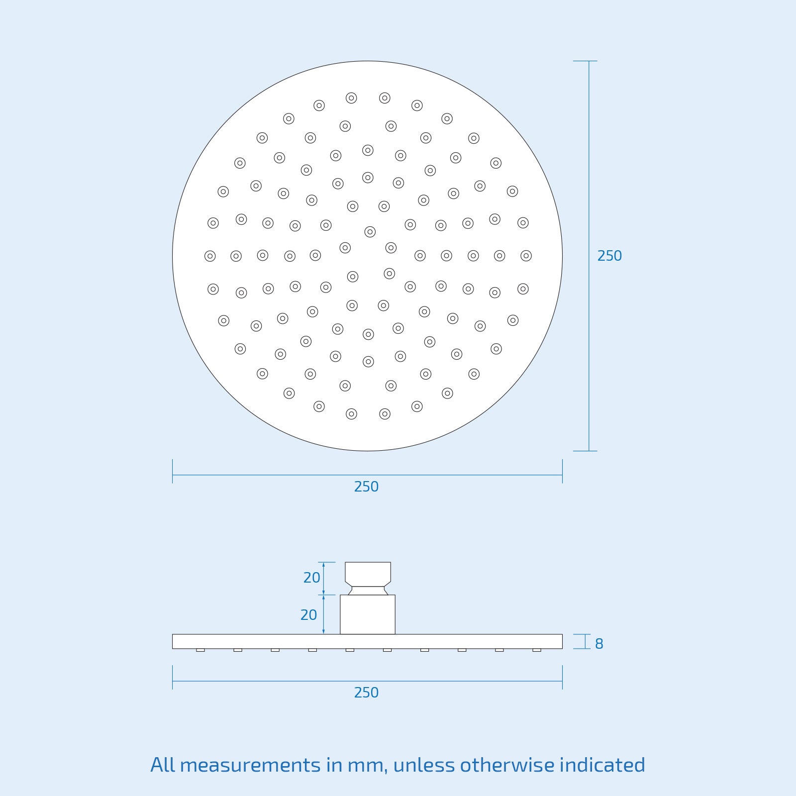 Bathroom Fixed Chrome Rainfall Shower Round Head With Rubber Nozzles 250mm