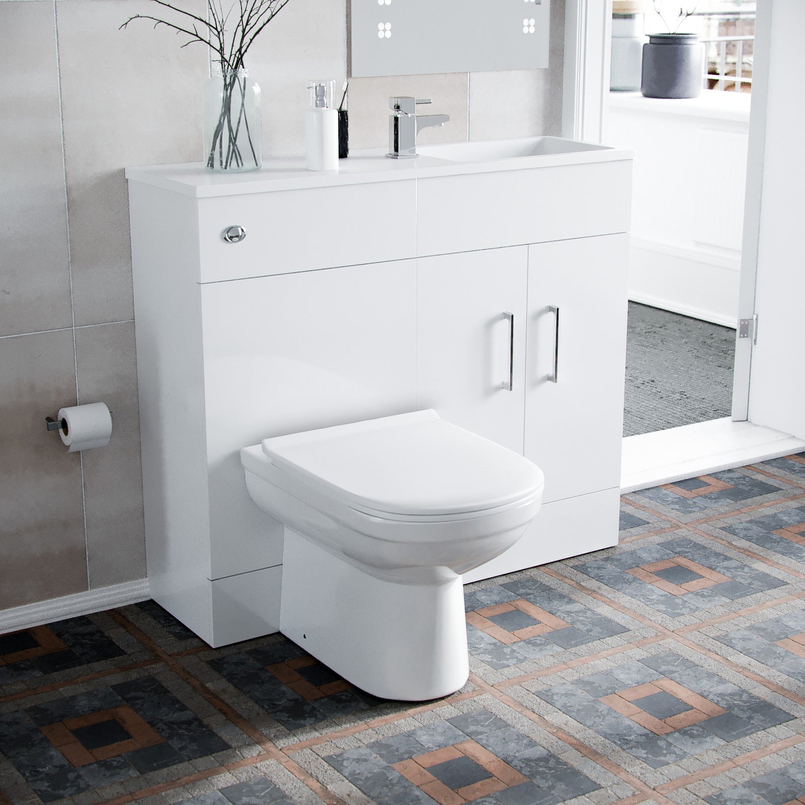 White 1000mm Freestanding Slimline Vanity Basin WC Unit & BTW Toilet