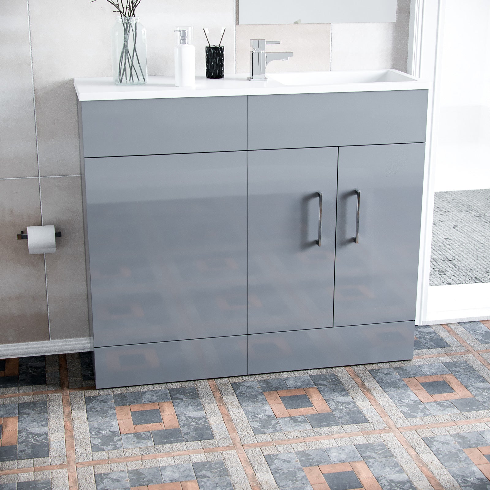 Grey 1000mm Freestanding Slimline Vanity Cabinet White Resin Basin