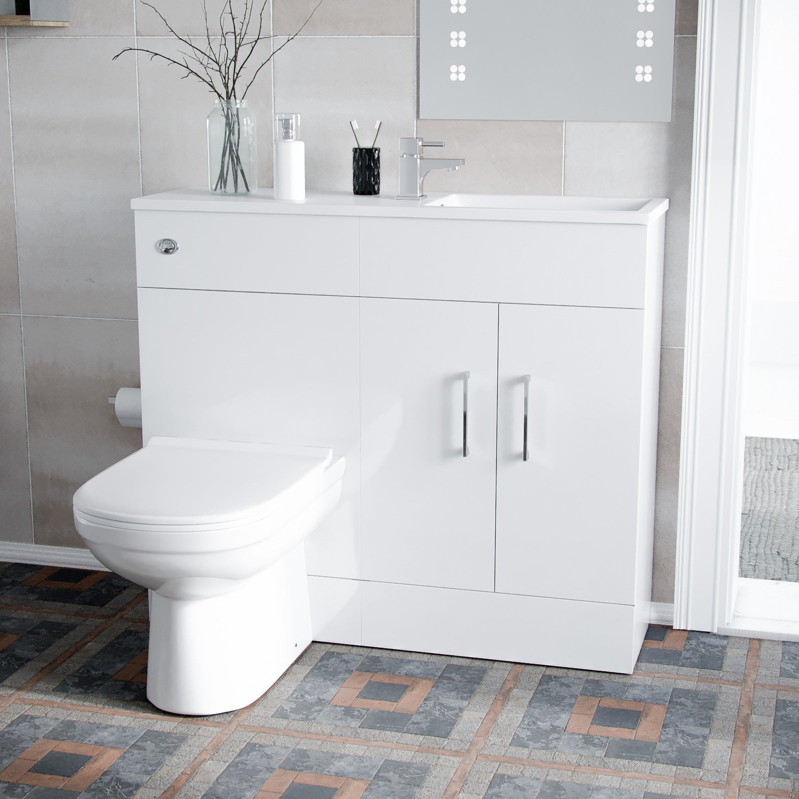 White 1000mm Freestanding Slimline Vanity Basin WC Unit & BTW Toilet