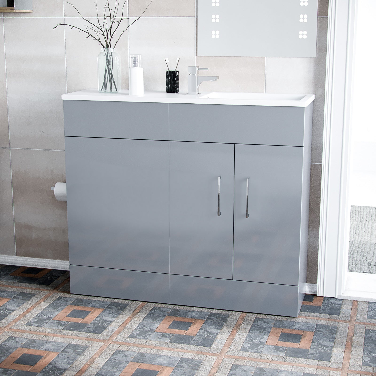 Grey 1000mm Freestanding Slimline Vanity Cabinet White Resin Basin