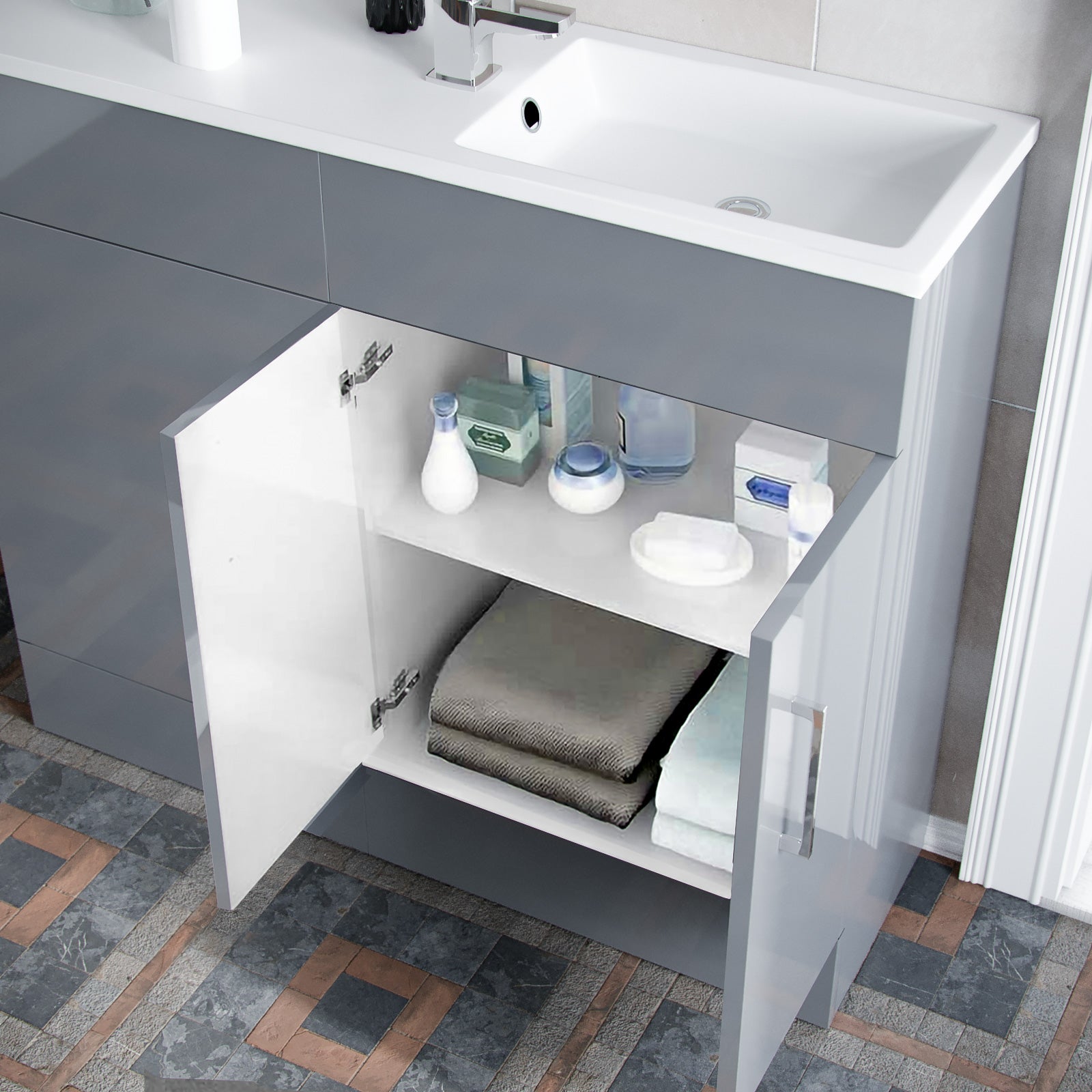 Grey 1000mm Freestanding Slimline Vanity Cabinet White Resin Basin