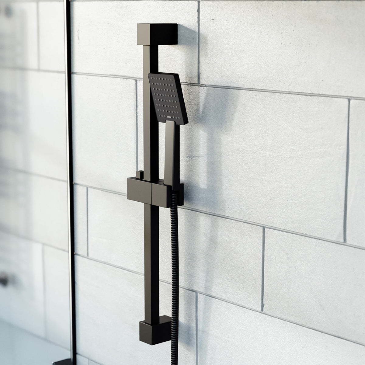 Square Shower Matte Black Handset And Hose With Slider Riser Rail Bracket