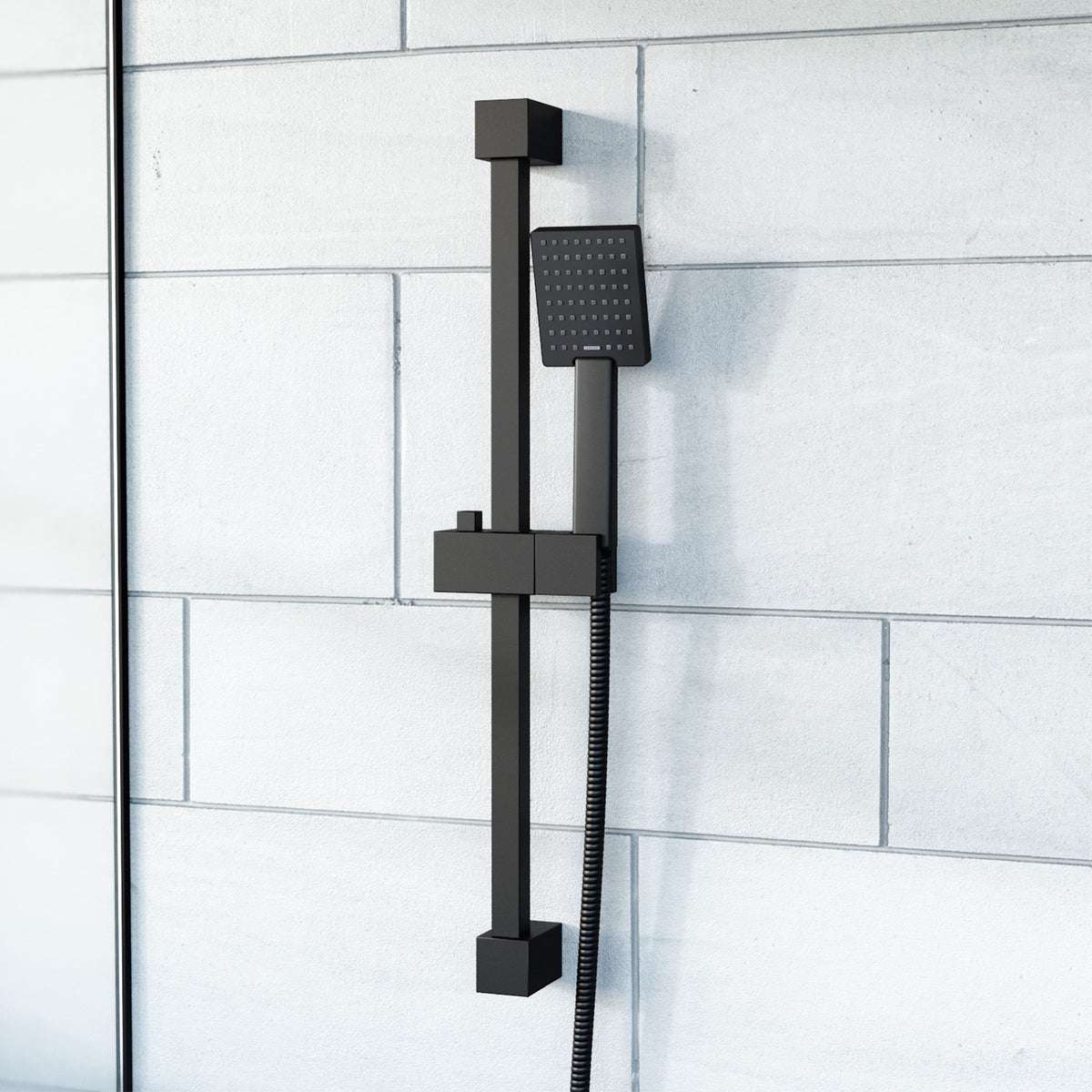 Square Shower Matte Black Handset And Hose With Slider Riser Rail Bracket