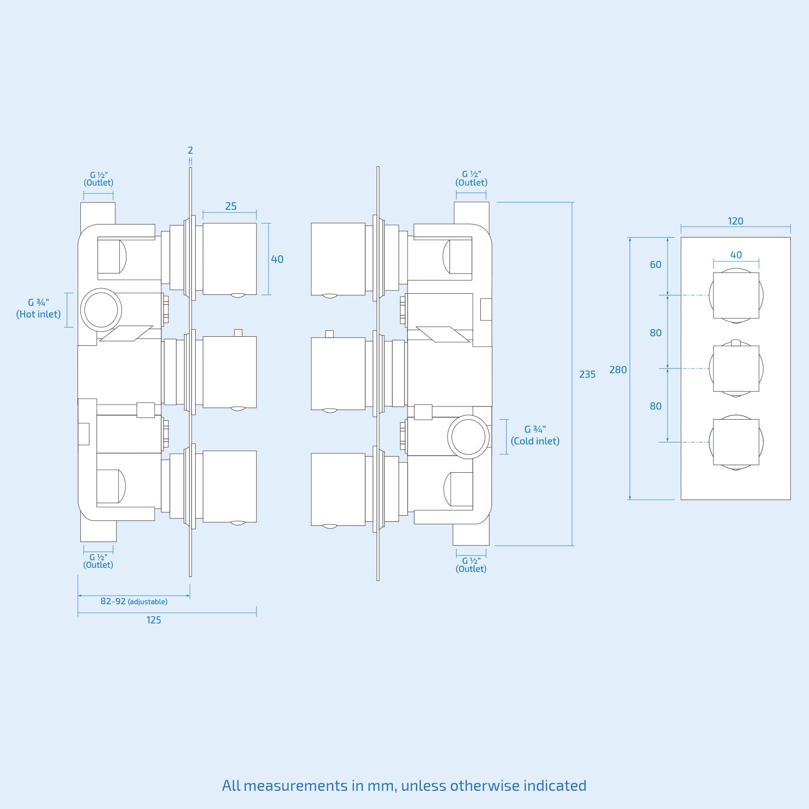 Cameo Modern Square 3 Dial 2 Outlet Concealed Shower Valve - Chrome