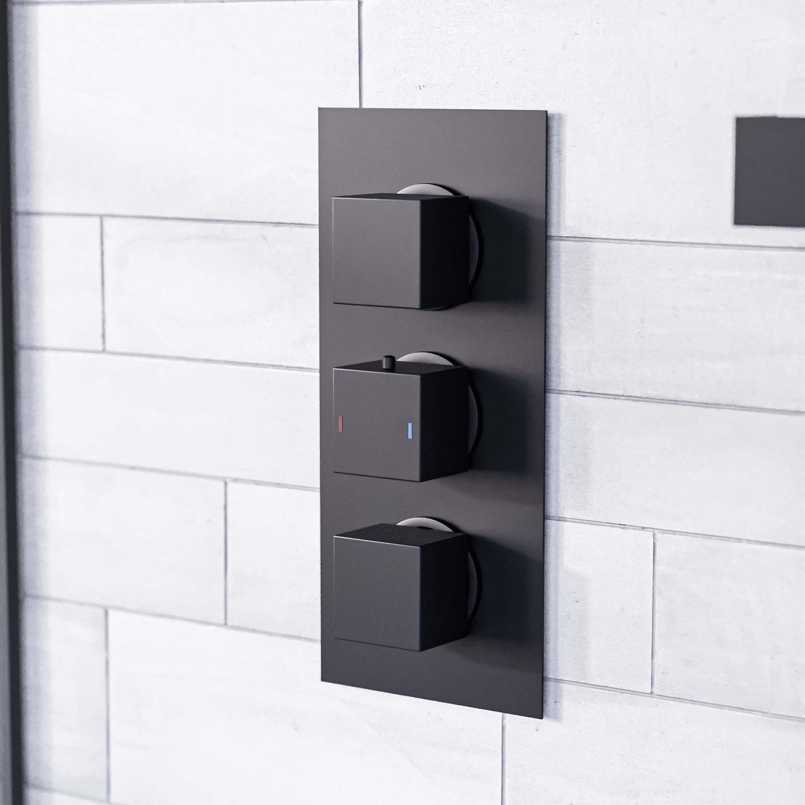 Temel Matte Black Concealed Thermostatic Mixer Valve, Slider Rail & Shower Head Set