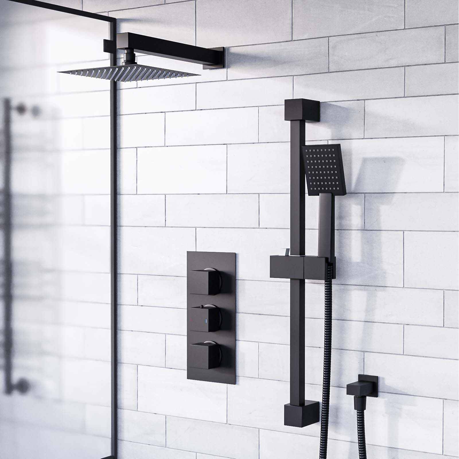 Temel Matte Black Concealed Thermostatic Mixer Valve, Slider Rail & Shower Head Set
