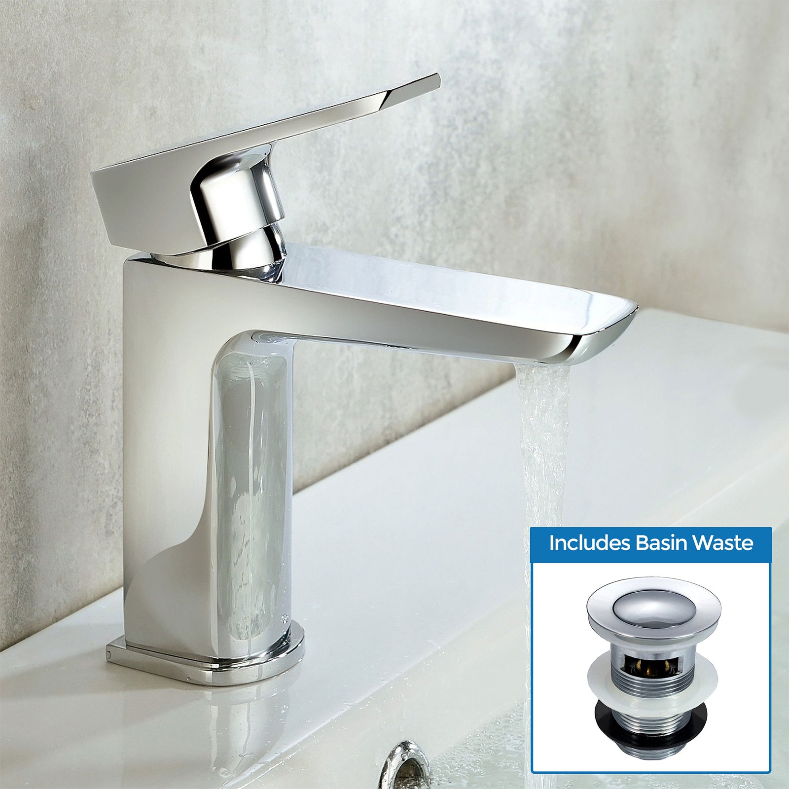 Astra Modern Chrome Bathroom Basin Mono Mixer Tap + Waste