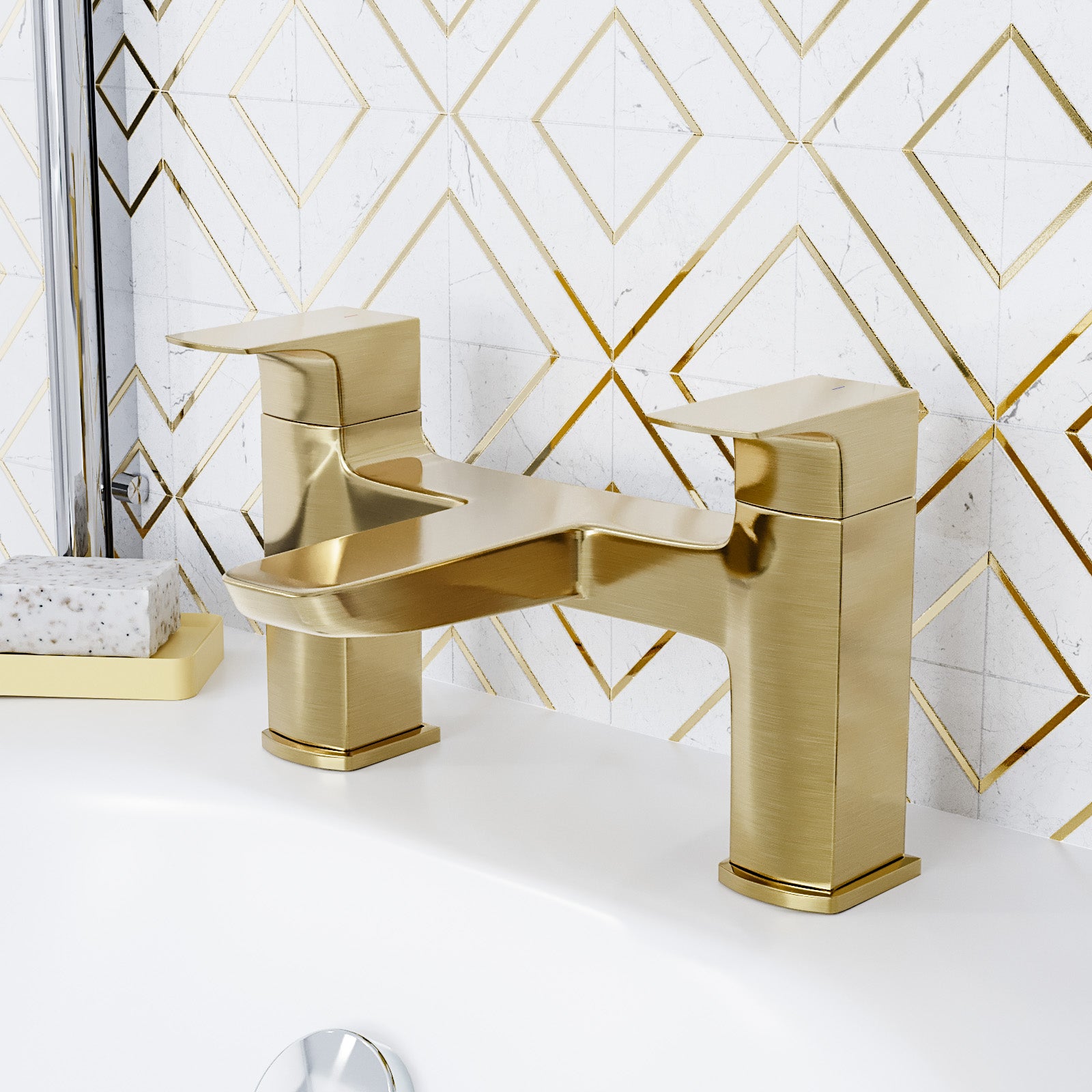 Astra Brushed Brass Designer Square Deck Mounted Bath Filler Tap