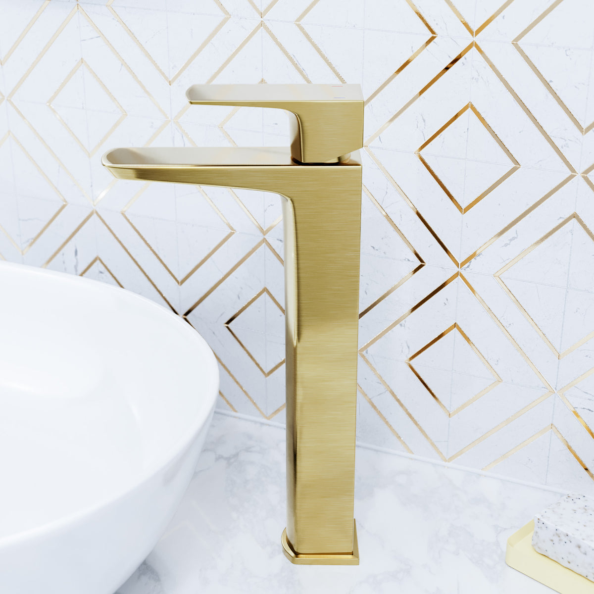 Astra Modern Countertop Gold Finish Brushed Brass Tall Square Basin Mono Mixer Tap