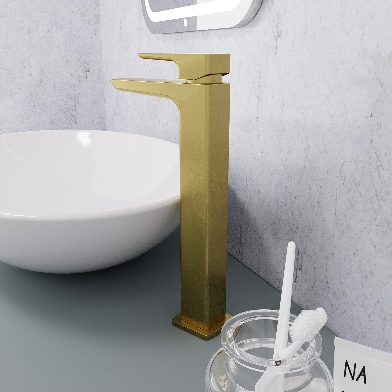 Astra Modern Countertop Gold Finish Brushed Brass Tall Square Basin Mono Mixer Tap