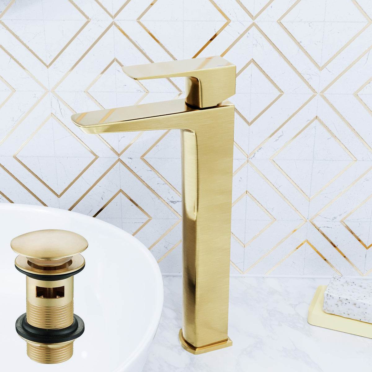 Astra Modern Countertop Gold Finish Brushed Brass Tall Square Basin Mono Mixer Tap
