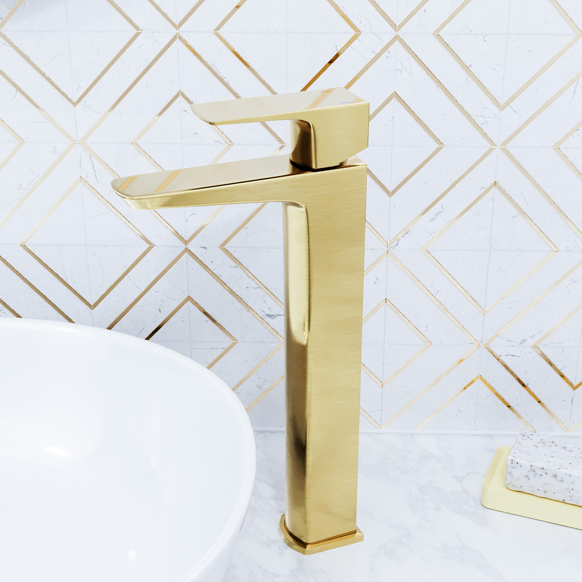 Astra Modern Countertop Gold Finish Brushed Brass Tall Square Basin Mono Mixer Tap