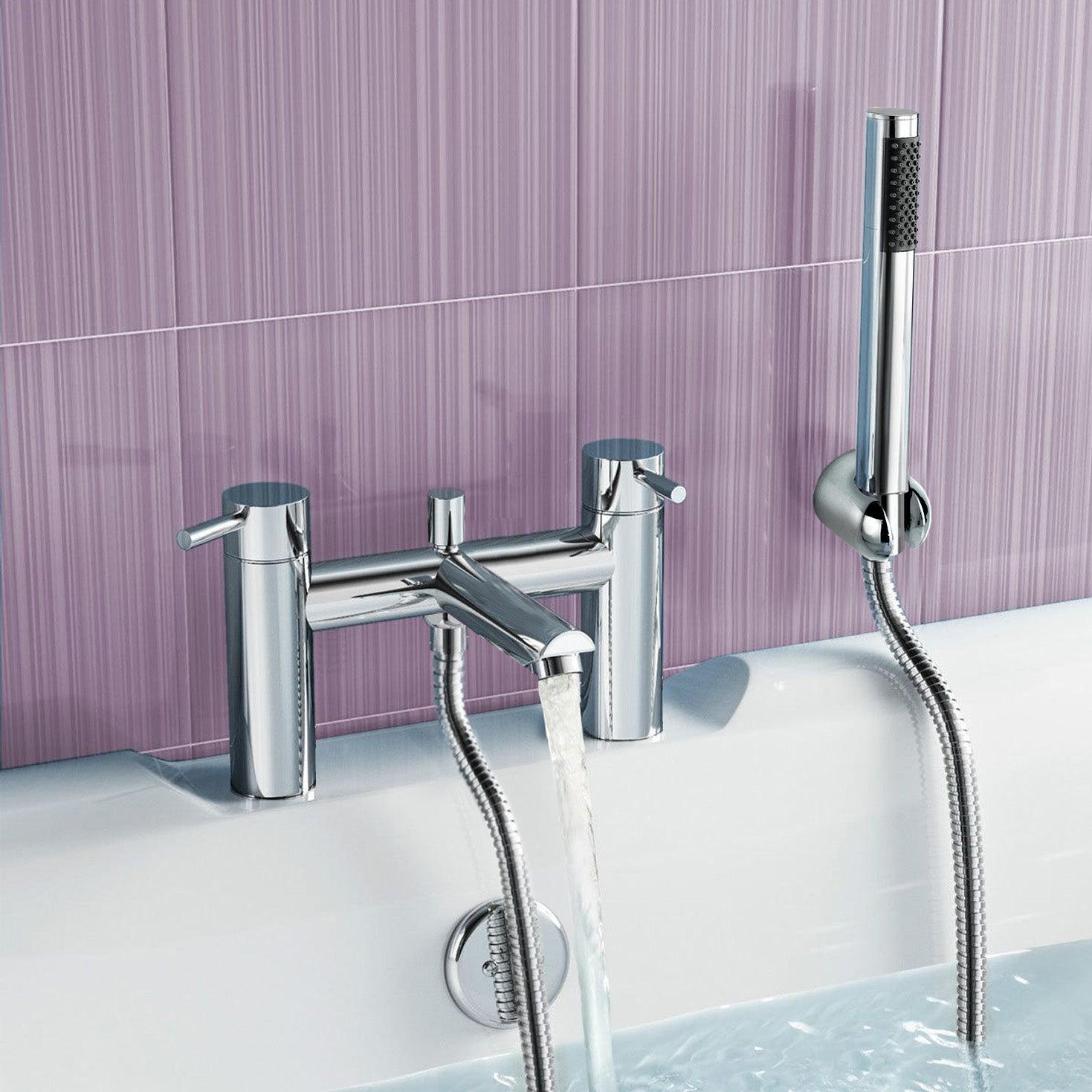 Kyic Chrome Bath Shower Bridge Deck Mounted Mixer Tap And Handset