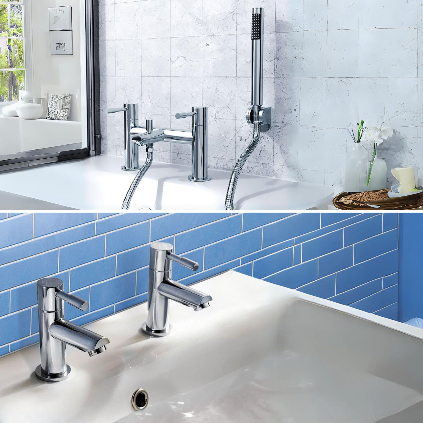 Marc Contemporary Set Of Two Basin Taps And Bath Shower Mixer Tap With Handheld Kit + Waste