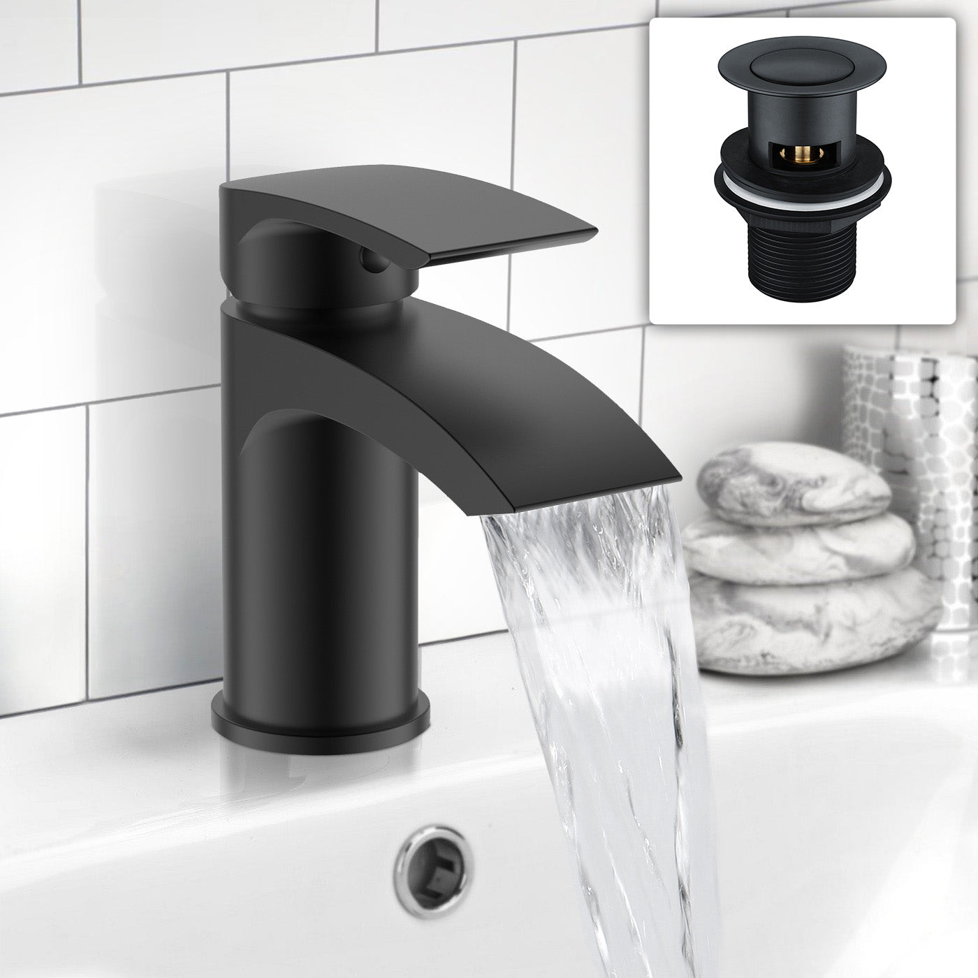 Matt Black Cloakroom Bathroom Basin Mono Mixer Tap With Waste