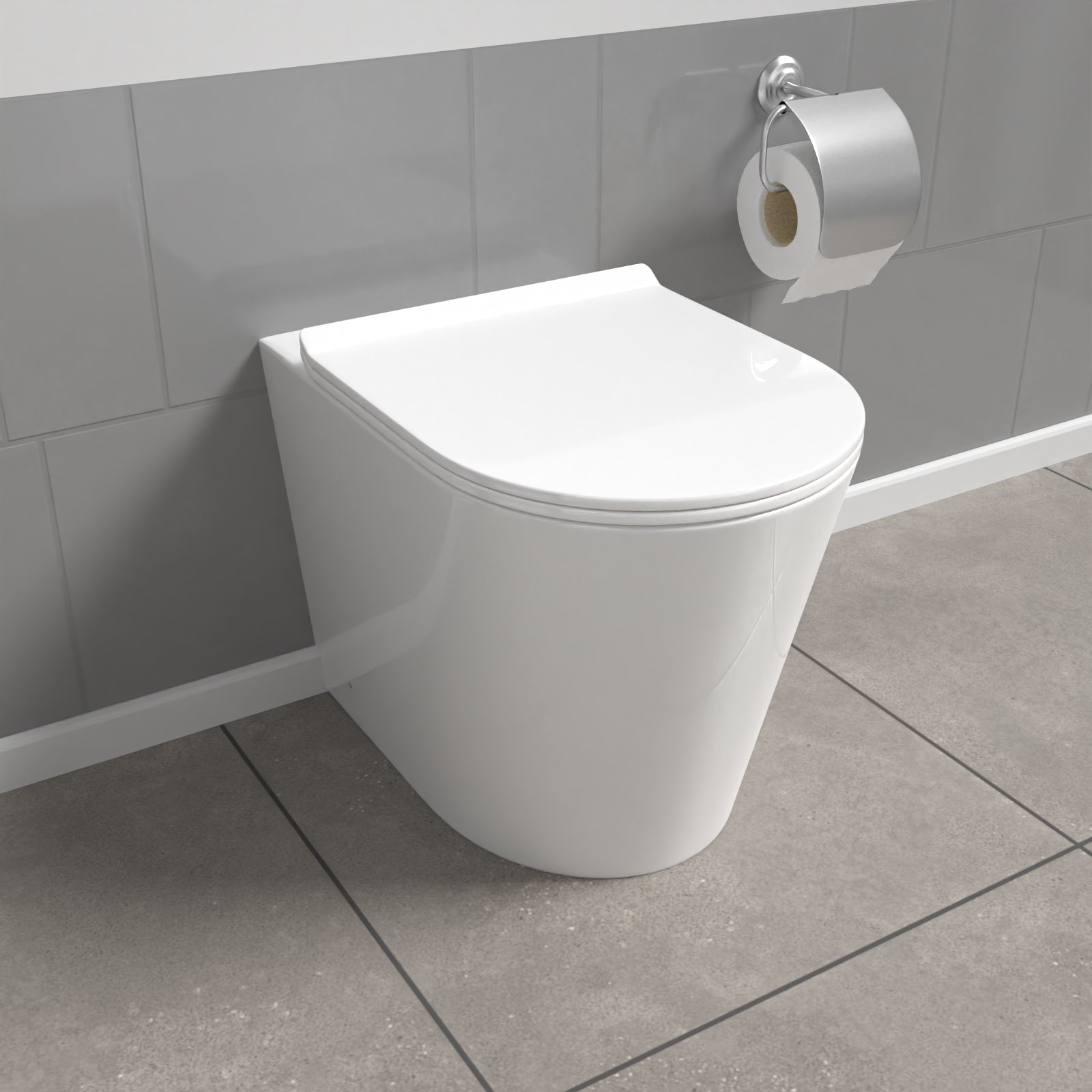 White Modern Rimless Round Back to Wall Toilet with Soft Close Seat