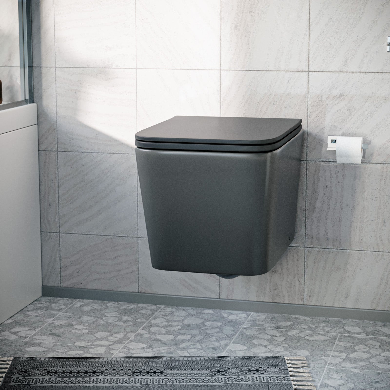 Modern Matt Black Square Wall Hung Toilet Pan with Soft Close Seat