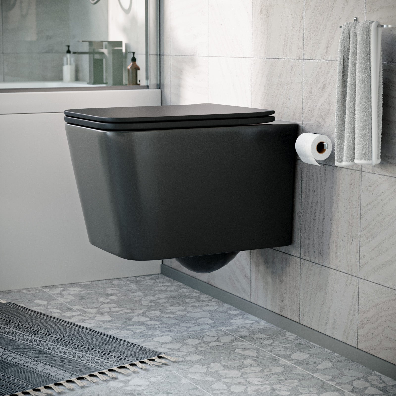 Modern Matt Black Square Wall Hung Toilet Pan with Soft Close Seat