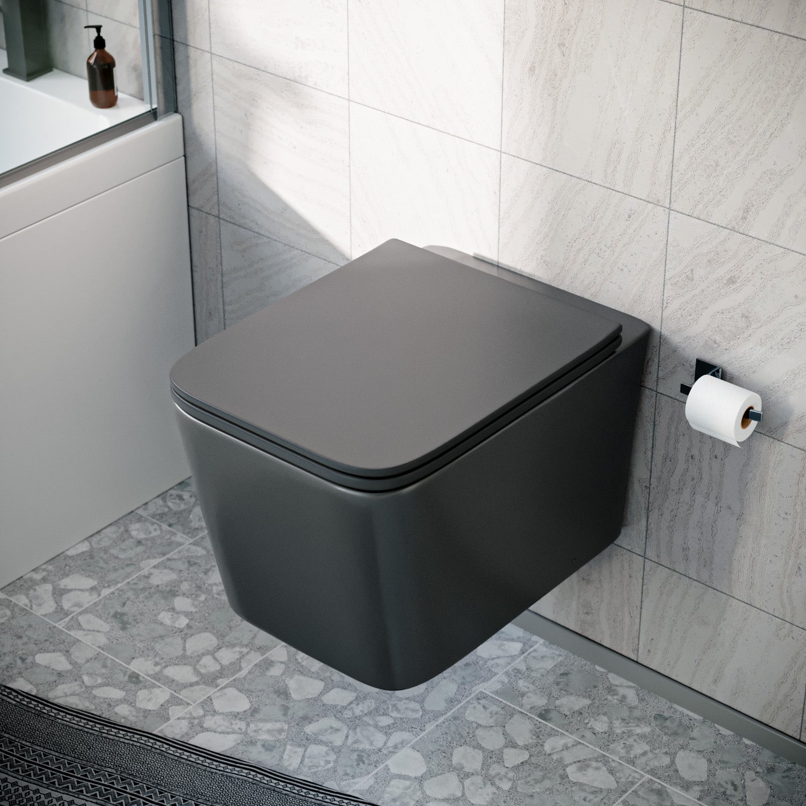 Modern Matt Black Square Wall Hung Toilet Pan with Soft Close Seat