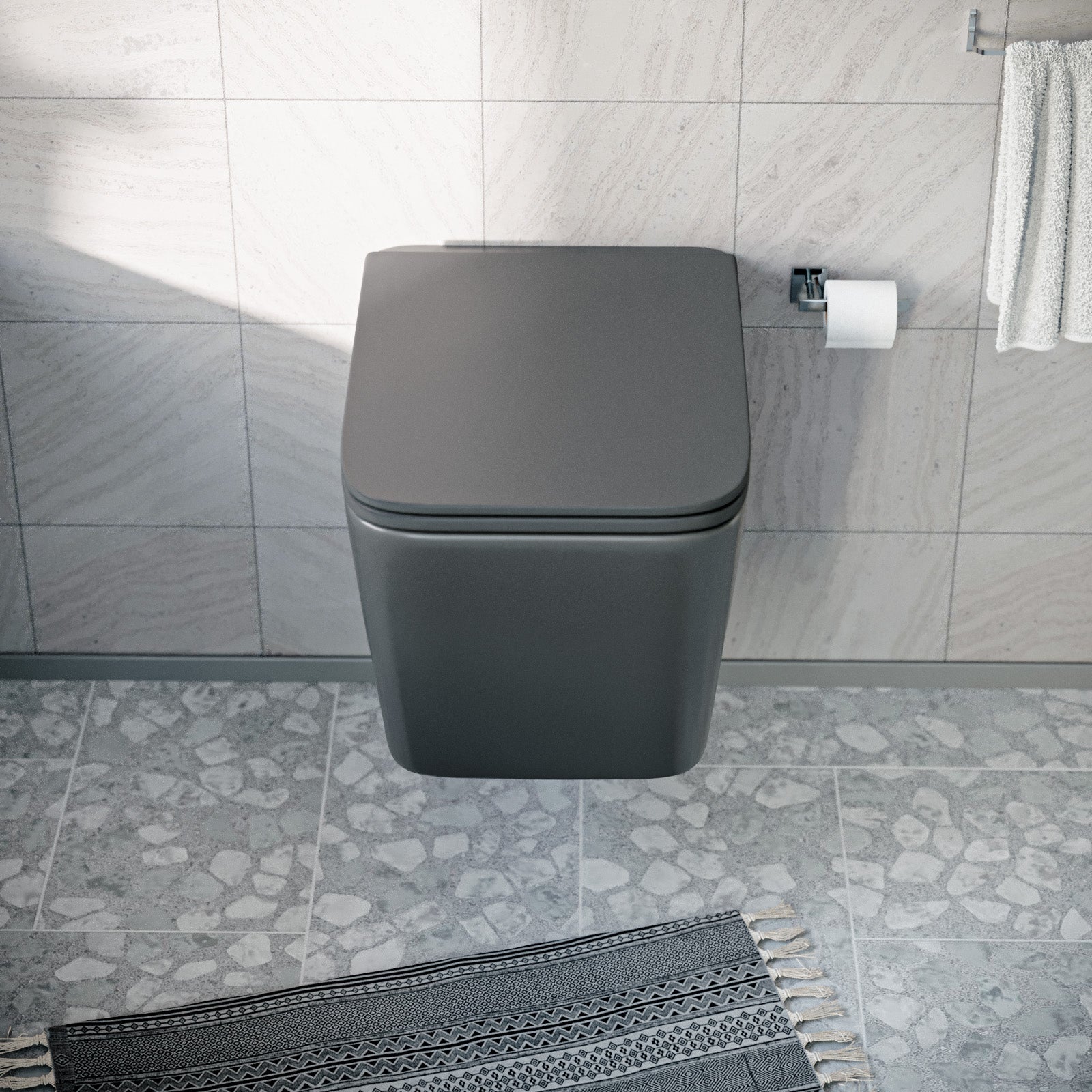 Modern Matt Black Square Wall Hung Toilet Pan with Soft Close Seat