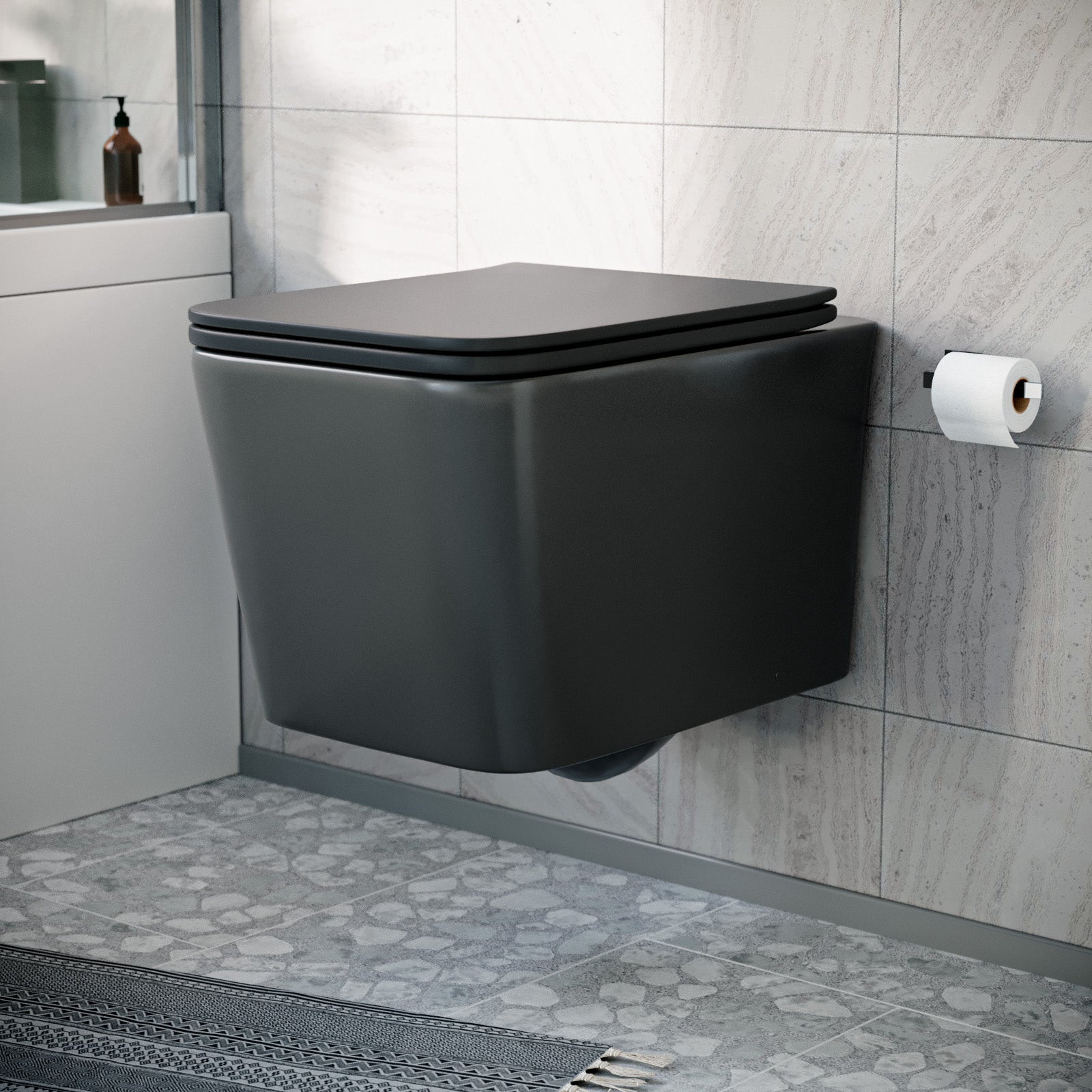 Modern Matt Black Square Wall Hung Toilet Pan with Soft Close Seat