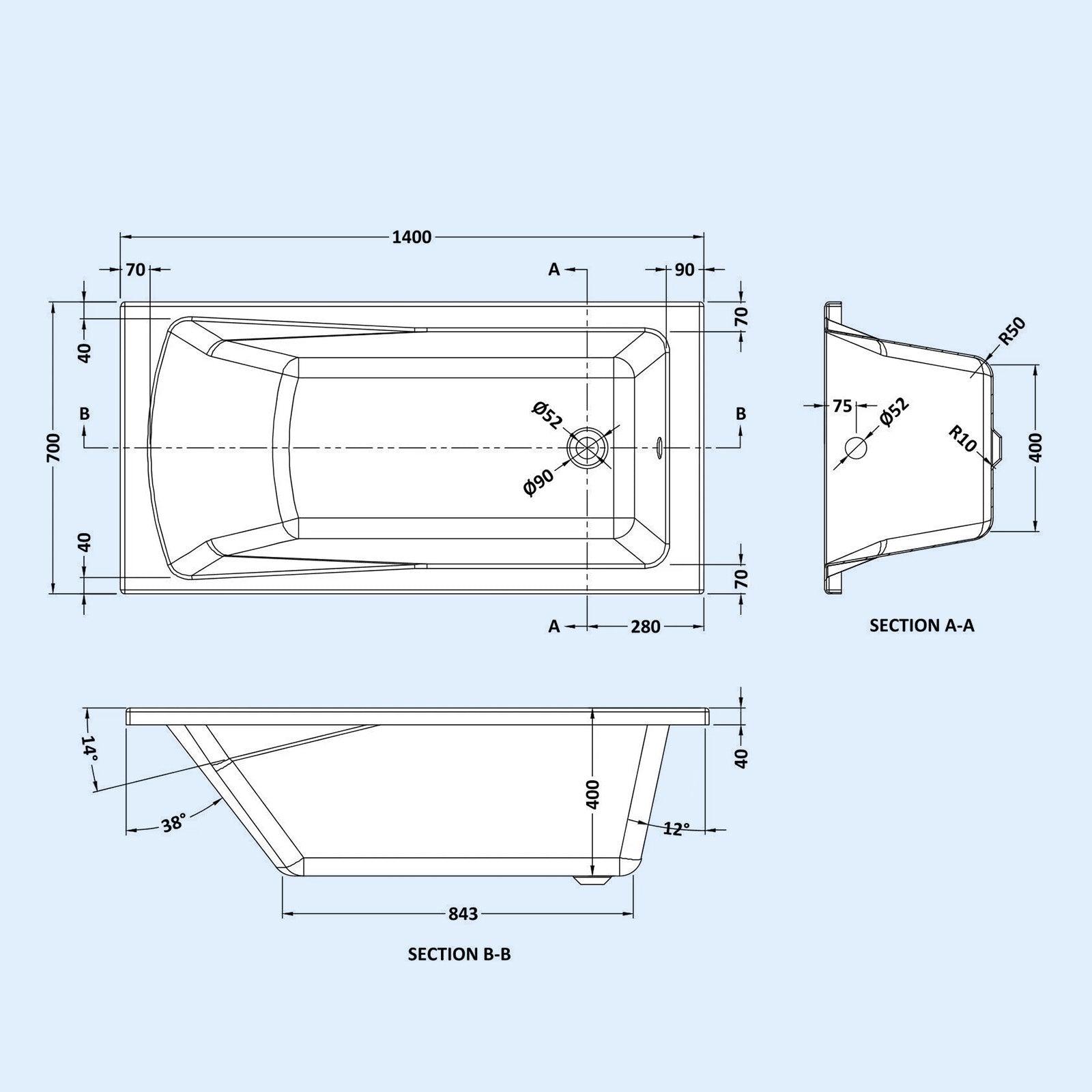 Square Single Ended Bath 1400 x 700 in White with Bath Legs