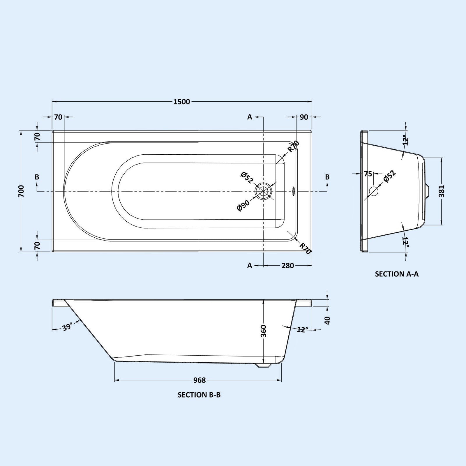 Standard Single Ended Bath 1500 x 700 in White with Bath Leg