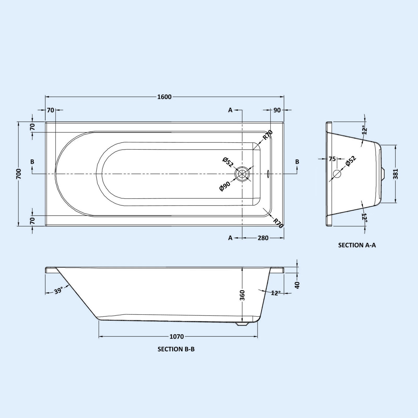Standard Single Ended Bath 1600 x 700 in White with Bath Leg