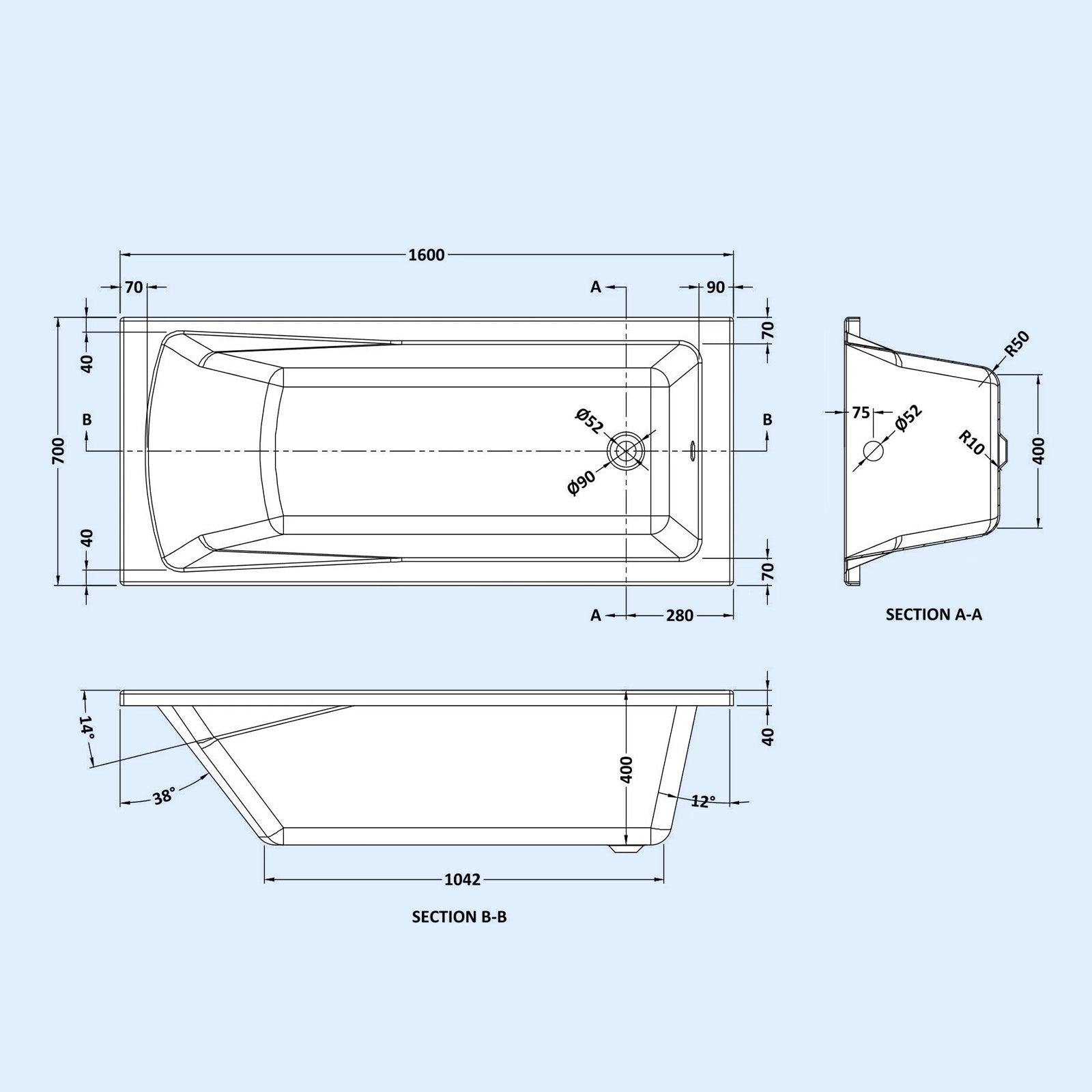 Tavi 1600 x 700mm White Square Single Ended Bath Acrylic