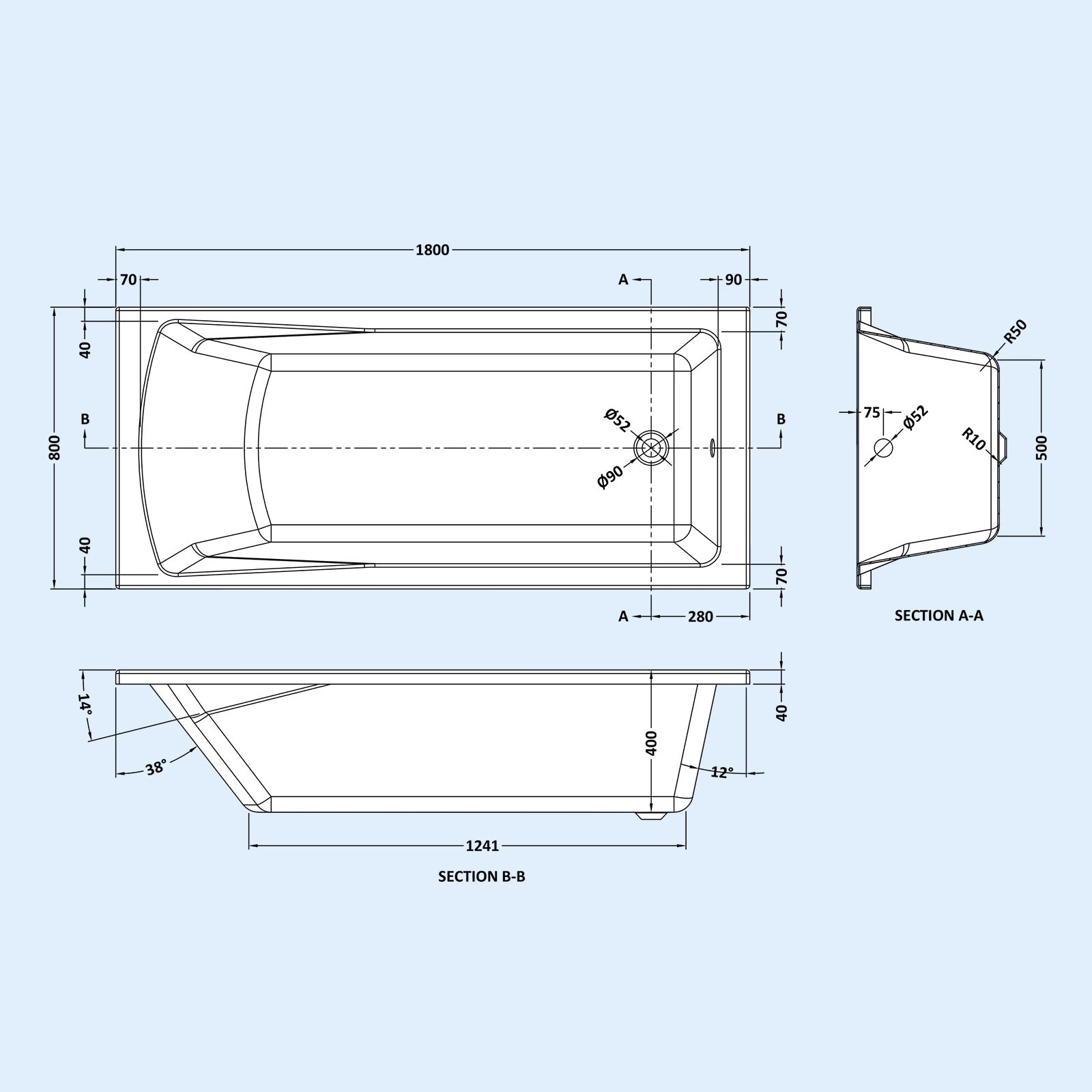 Square Single Ended Bath 1800 x 800 in White with Bath Legs