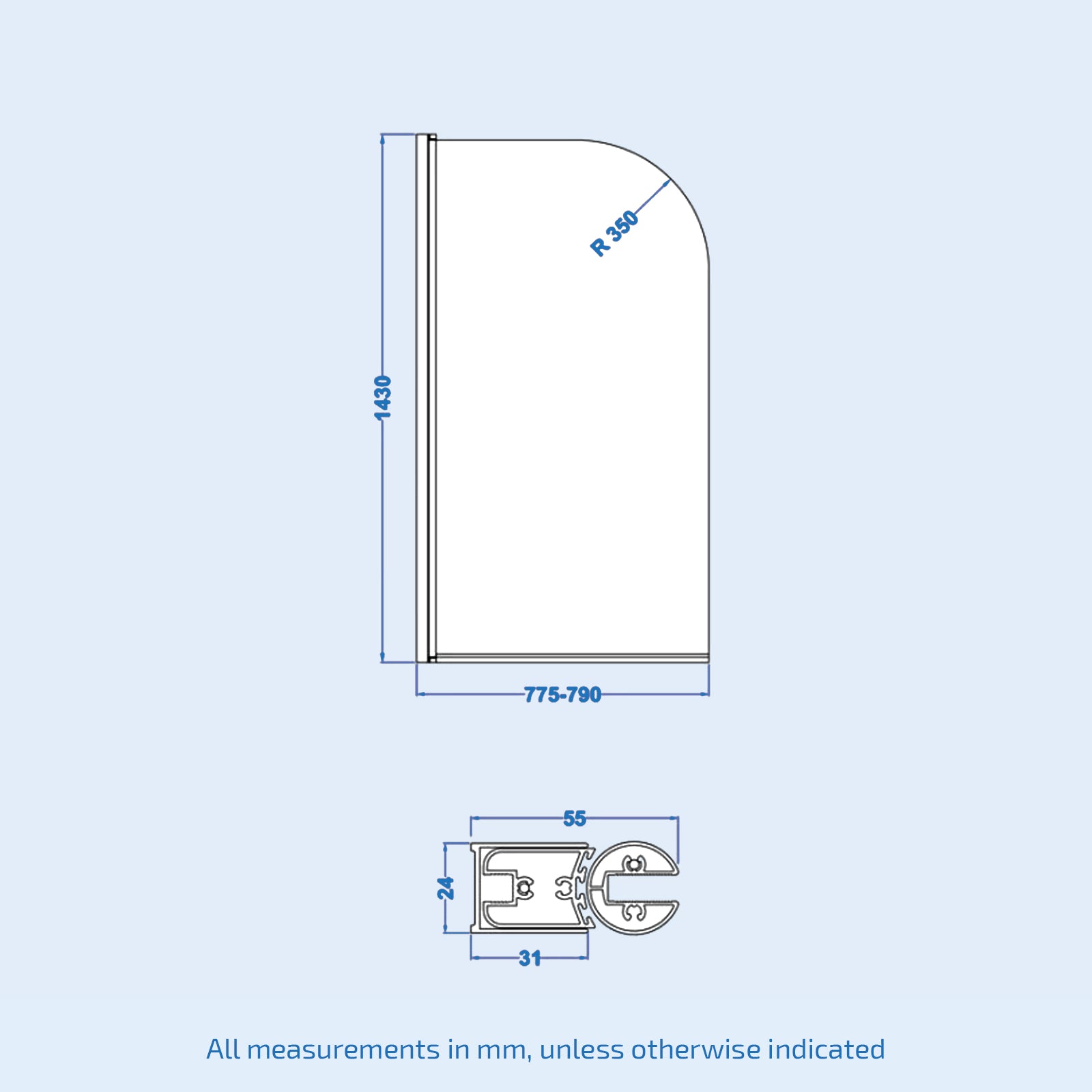Chrome 800mm Frameless Curved Pivot Bath Shower Screen Door