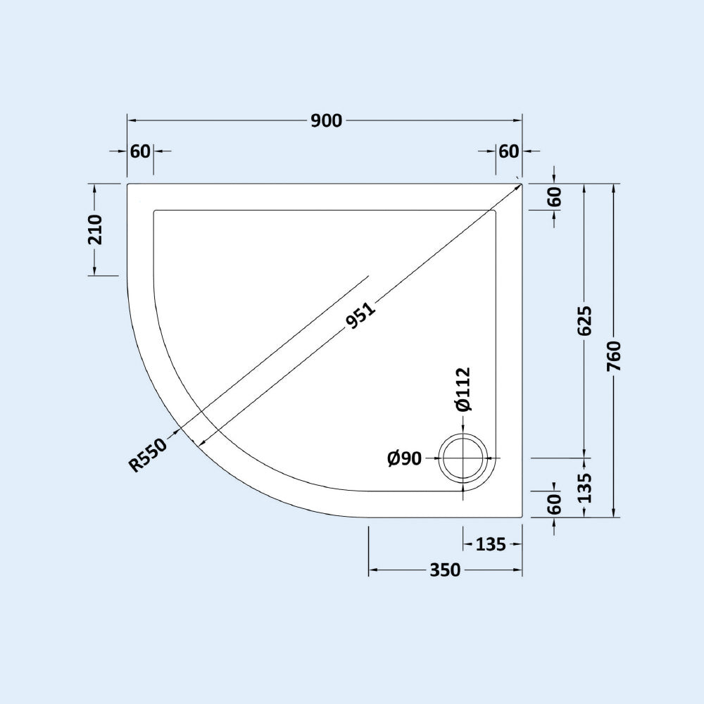LH 900mm x 760mm Offset Quadrant Shower Tray