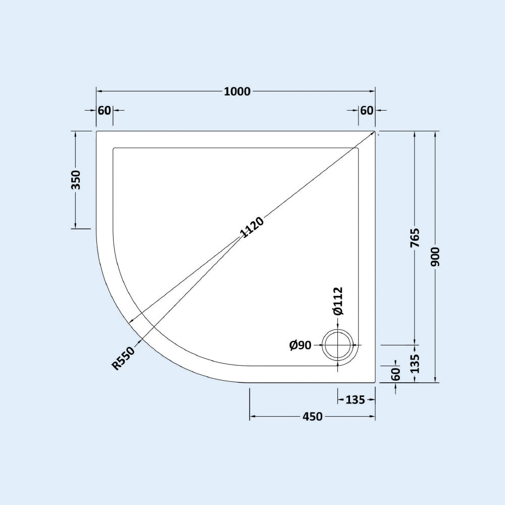LH 1000mm x 900mm Offset Quadrant Shower Tray