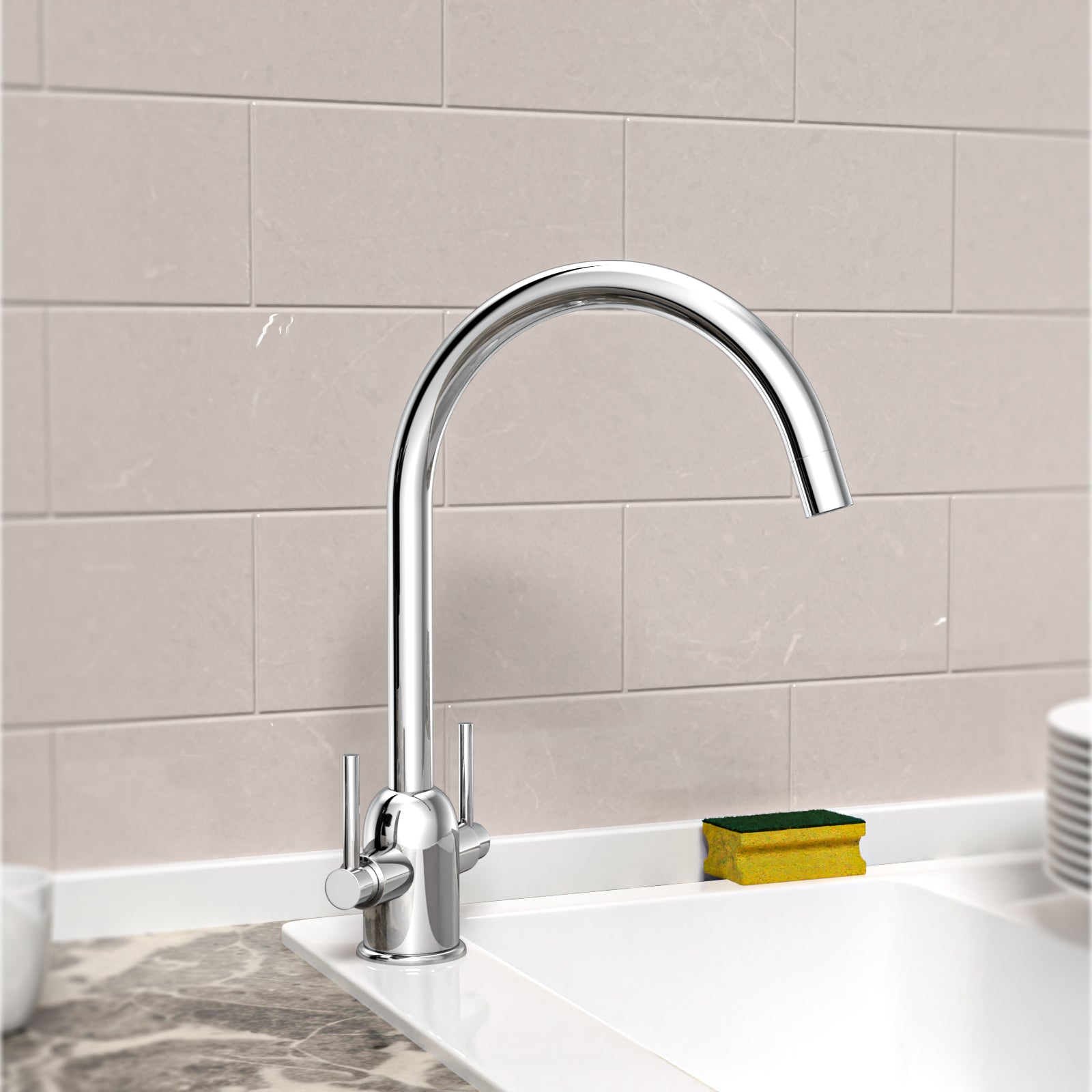 Kallion Twin Lever Chrome Swivel Kitchen Sink Mono Mixer Tap