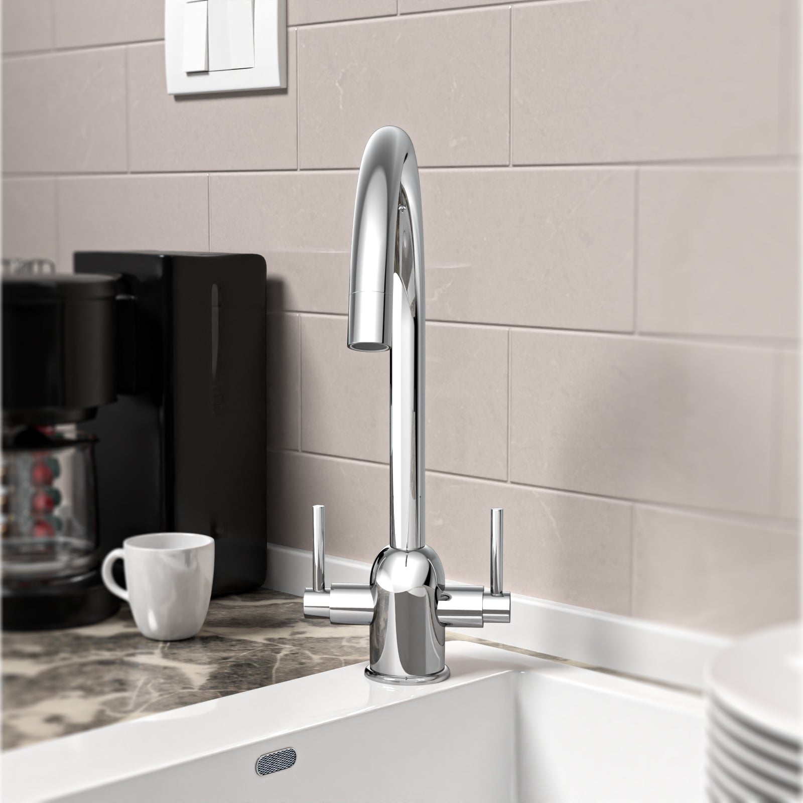 Kallion Twin Lever Chrome Swivel Kitchen Sink Mono Mixer Tap