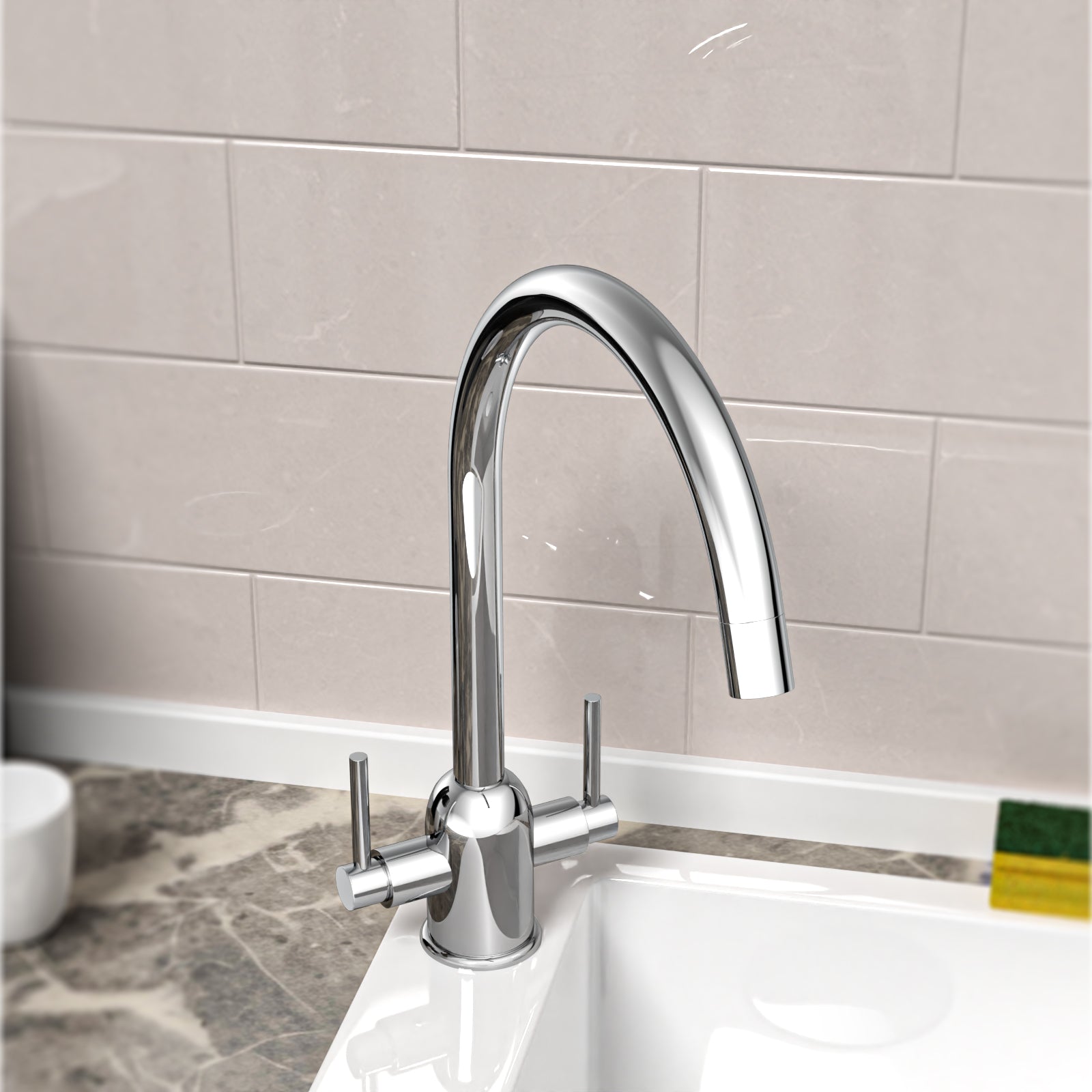 Kallion Twin Lever Chrome Swivel Kitchen Sink Mono Mixer Tap