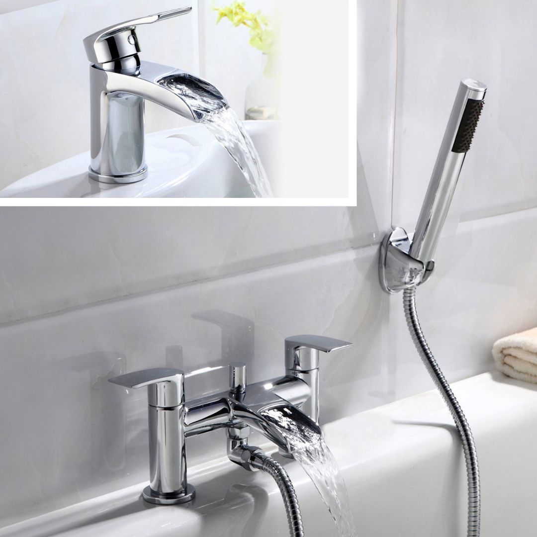 Lucy Modern Set of Waterfall Basin Mono Mixer Tap & Bath Shower Mixer Tap With Handset Kit