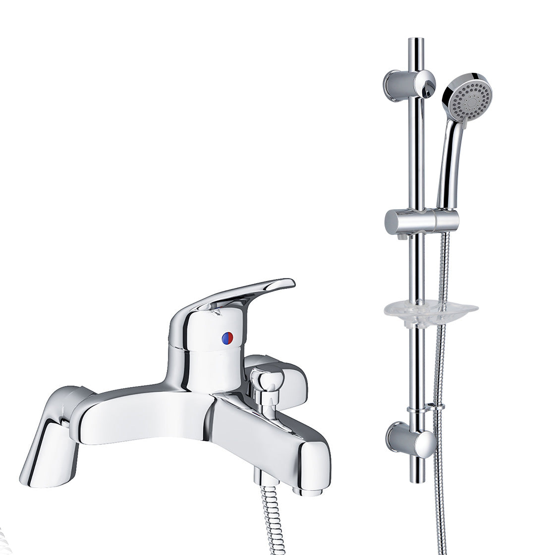 Chrome Deck Mounted Bath Filler Shower Mixer Slider Rail Handset Kit