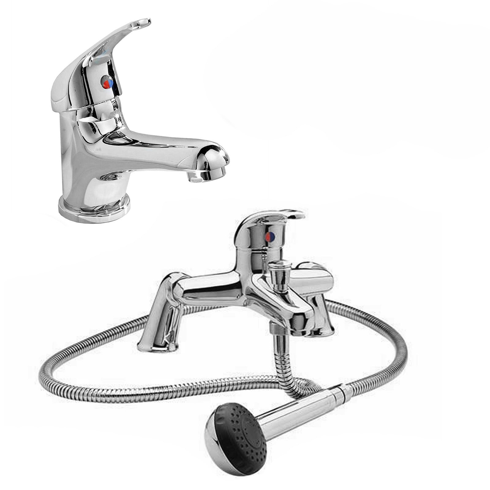 Studio Contemporary Set Of Twin Basin Taps & Bath Shower Mixer Tap With Handheld Kit