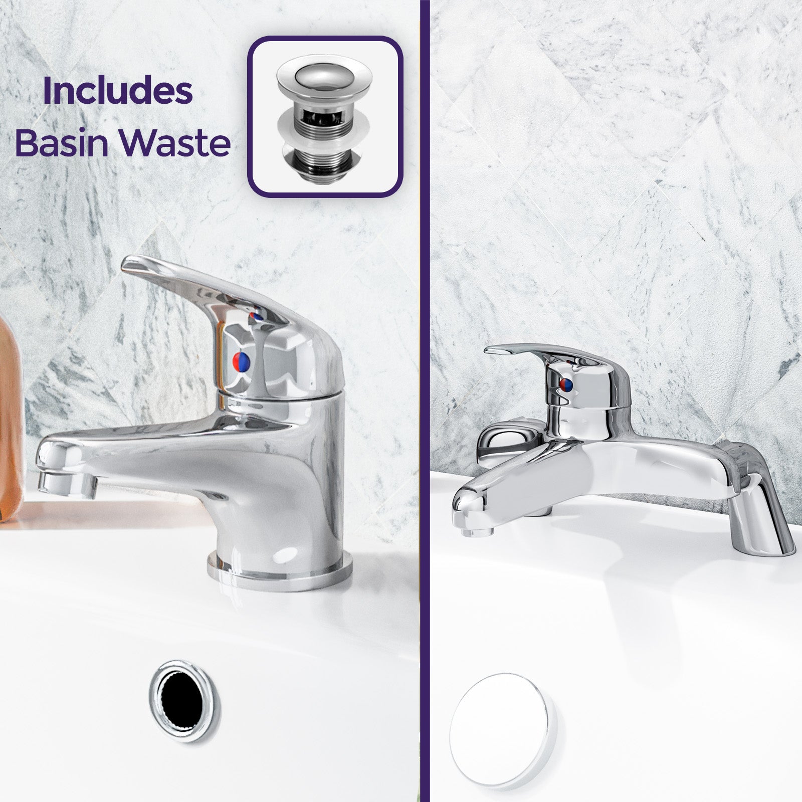 Studio Modern Chrome Bathroom Basin Mono Mixer Tap & Deck Mounted Bath Filler Tap