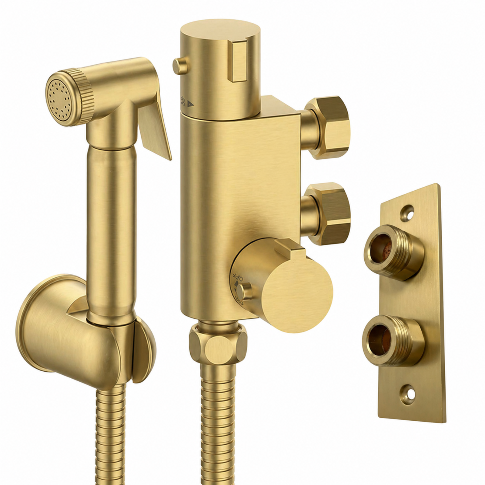 Rowde Brushed Brass Bidet Douche Mini Thermostatic Bar Valve & Spray Kit with Easy Fitting Plate Set
