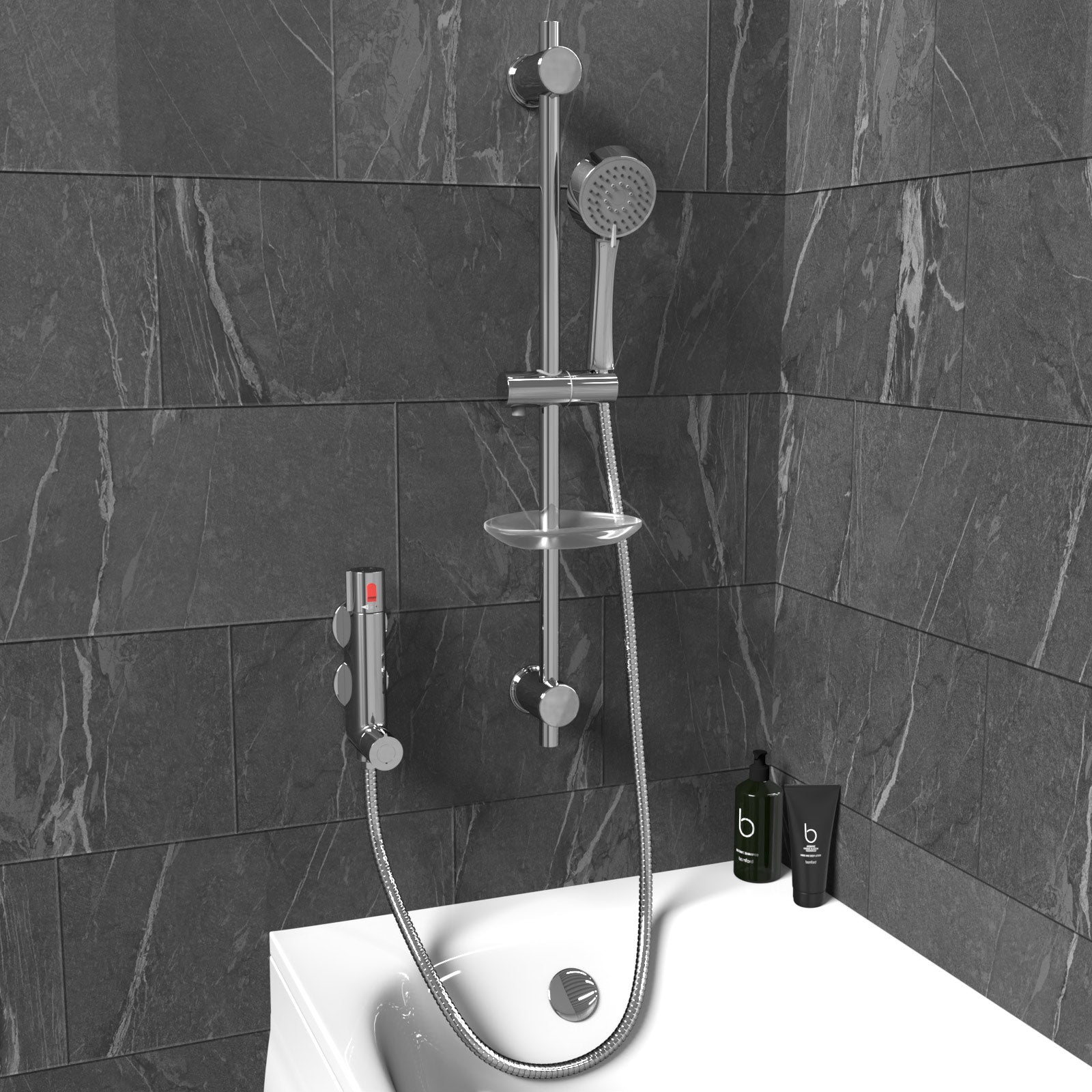 Vertical Thermostatic Shower Mixer Valve & Slider Rail, Handset & Hose Set